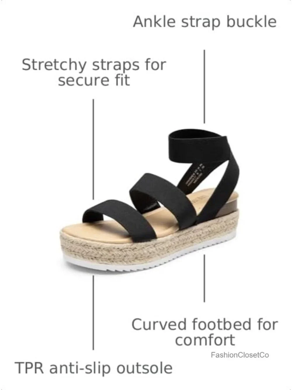Strappy Espadrille Platform Wedge Sandals - Vegan Leather, TPR Sole, 2.2